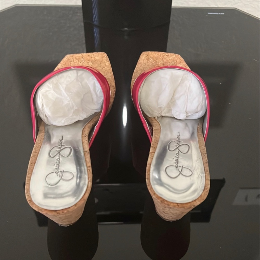 Jessica Simpson Pink Patent leather thong wedges.